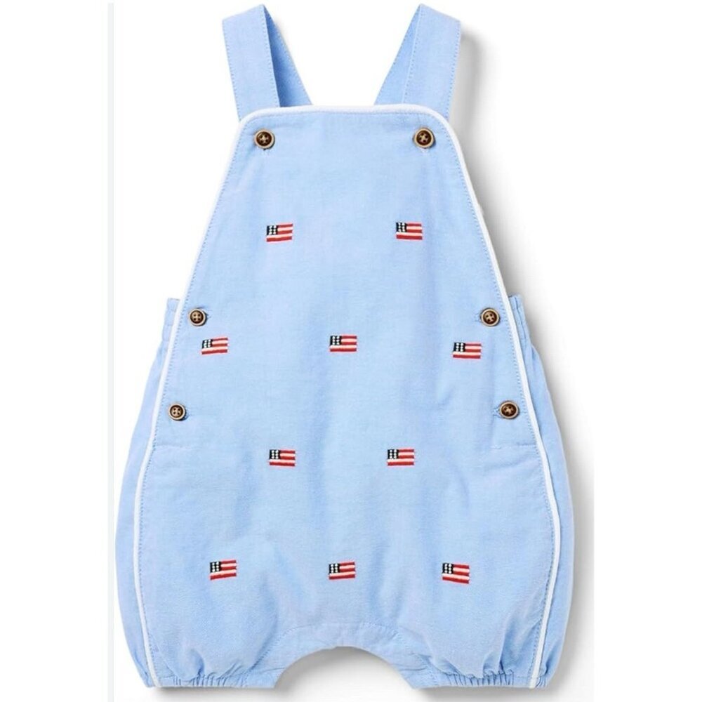 Janie and Jack Light Blue Romper with Flag Embroidery